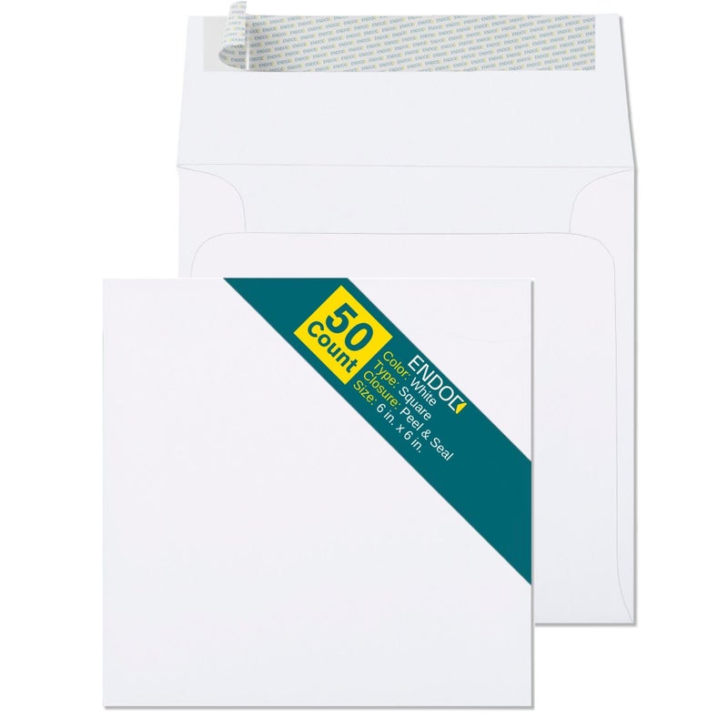 EnDoc 6x6 Square Envelopes - 50 Pack, Self Seal 28lb Blank Greeting Card Envelopes for Invitations, Photos, and Special Occasions, White - Image 1